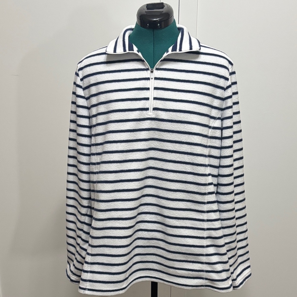 Land’s End  Fleece Striped Quarter-Zip Pullover - Navy/White L (14-16)